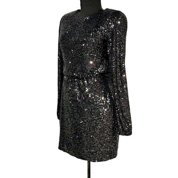 Women's Black Sequined Long Sleeve Blouson Mini Dress, Juniors size XS - Picture 9 of 16